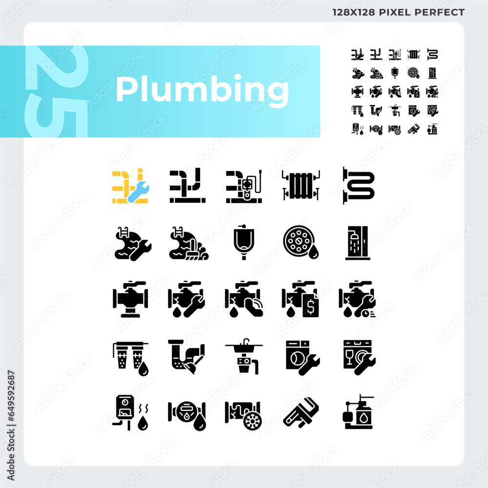 Pixel perfect glyph style icons set representing plumbing, simple silhouette illustration.