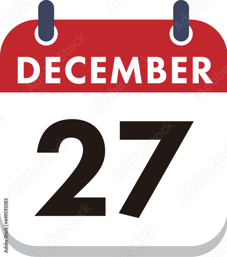 December 27 Calendar Icon. Flat style. Date, day and month.