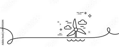 Windmill line icon. Continuous one line with curl. Wind power sign. Sustainable energy symbol. Windmill single outline ribbon. Loop curve pattern. Vector