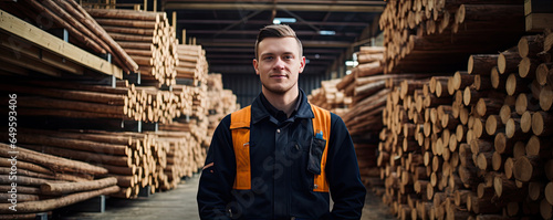 Worker portrait in timber or wood warehouse. wide banner