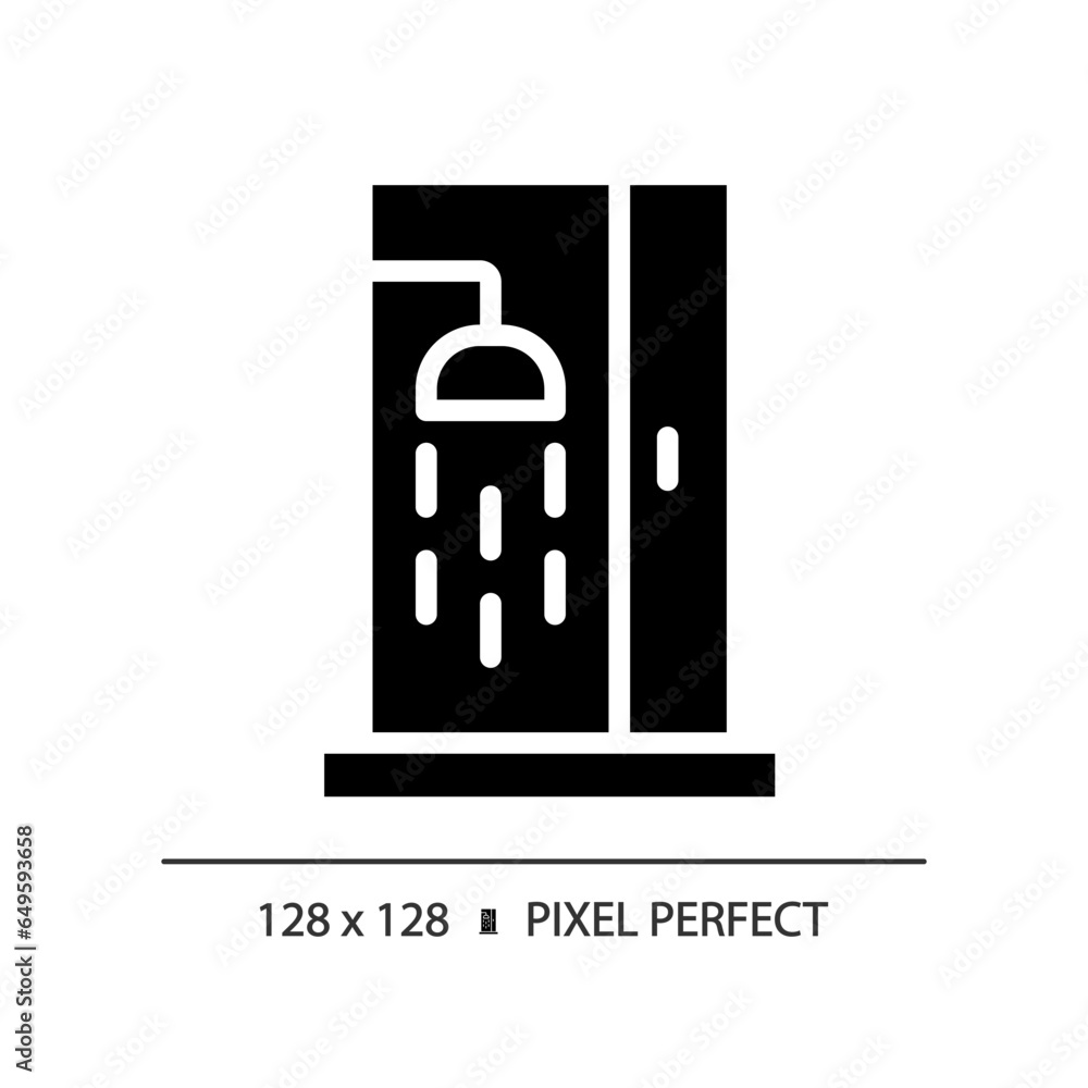 2D pixel perfect glyph style shower icon, isolated vector, simple silhouette illustration representing plumbing.