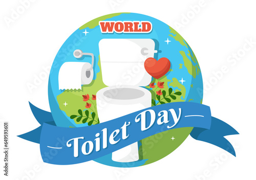 World Toilet Day Vector Illustration on 19 November with Earth and Equipment for Bathroom Hygiene Awareness in Flat Cartoon Background Design