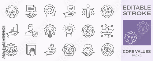 Core values icons, such as mission, business, company, handshake and more. Editable stroke.