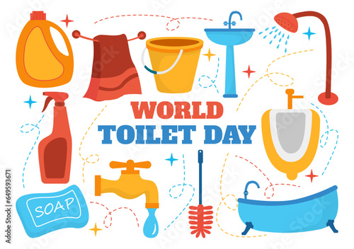 World Toilet Day Vector Illustration on 19 November with Earth and Equipment for Bathroom Hygiene Awareness in Flat Cartoon Background Design