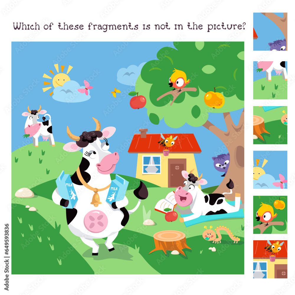 Find the hidden fragments. Educational game for kids. Animals on farm. Cartoon characters. Cute funny cows walk and read book. Vector illustration. Find the hidden fragments. Educational game for kids. Animals on farm. Cartoon characters. Cute funny cows walk and read book. Vector illustration.