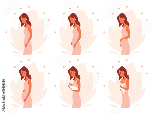Pregnancy calendar concept. Woman goes from conception to childbirth. Stages of changes in female body during pregnancy. Cartoon flat vector set isolated on white background