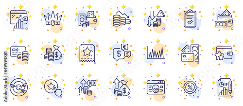 Outline set of Card, Loyalty star and Coins bag line icons for web app. Include Discount, Deflation, Loyalty ticket pictogram icons. Crown, Line graph, Report document signs. Wallet. Vector