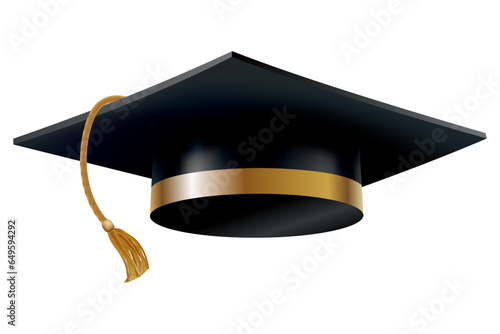 Graduation cap. Black educational student hat with golden tassel. Element for degree ceremony and educational programs design. College, high school or university cap isolated on white background