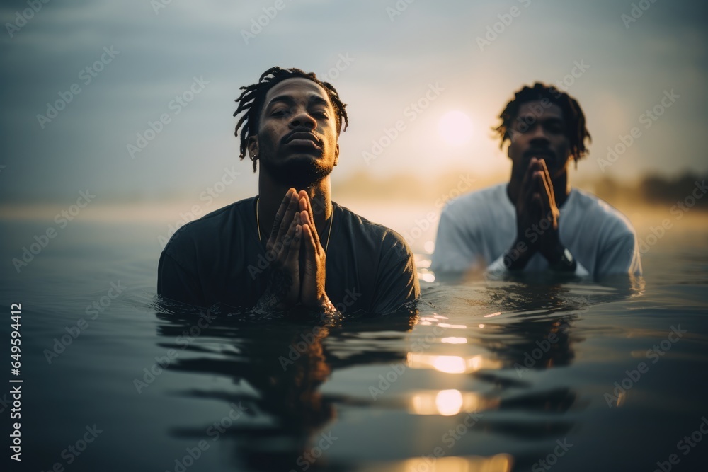 Baptism. Portrait of two young black man praying in the water at sunset. - obrazy, fototapety, plakaty 