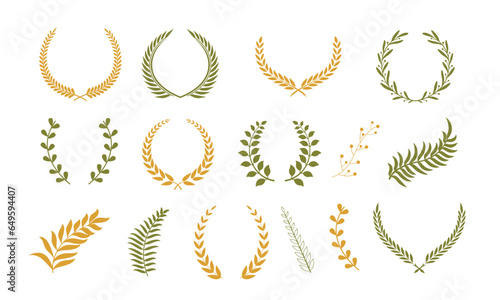 Collection of different golden, olive green, silhouette laurel foliate with Vector decorative elements & leaves decorative elements illustration