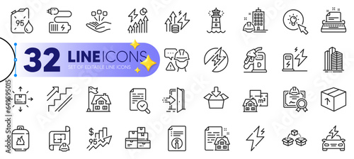 Outline set of Electricity consumption, Entrance and Parcel shipping line icons for web with Engineering plan, Rise price, Diesel station thin icon. Car charging, Skyscraper buildings. Vector