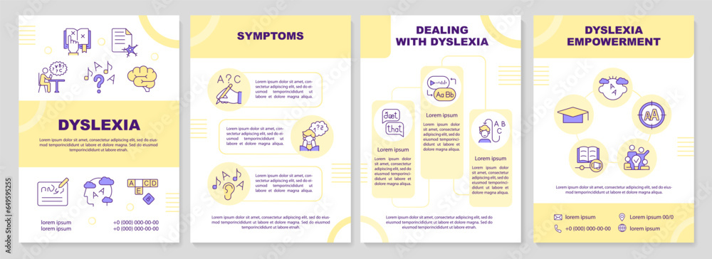 2D dyslexia yellow brochure template, leaflet design with thin line icons, 4 vector layouts. - obrazy, fototapety, plakaty 