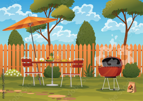 Backyard bbq grill. Outdoor picnic background. Barbecue in patio. Green grass, fence and trees. Summer landscape of yard with table and umbrella. Vector illustration