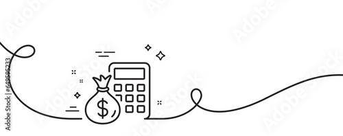 Calculator with money bag line icon. Continuous one line with curl. Accounting sign. Calculate finance symbol. Finance Calculator single outline ribbon. Loop curve pattern. Vector