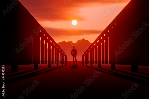 A man stands on the bridge and looks into the distance at the sunset.
