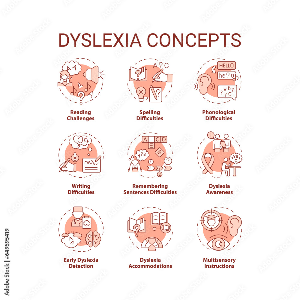 2D editable red thin line icons set representing dyslexia, isolated vector, linear illustration.