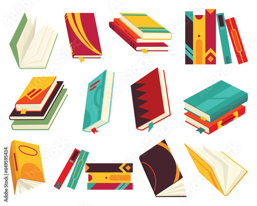 Collecction of various books, stack of books, notebooks. Reading, learn and receive education through books. Read more books. Hand drawn educational vector illustration. Flat design style