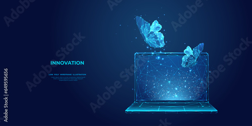 Abstract butterflies hologram flutter over the laptop. Innovation or business freedom concept. Freelance work metaphor on blue background. Low poly wireframe vector illustration in futuristic style. 