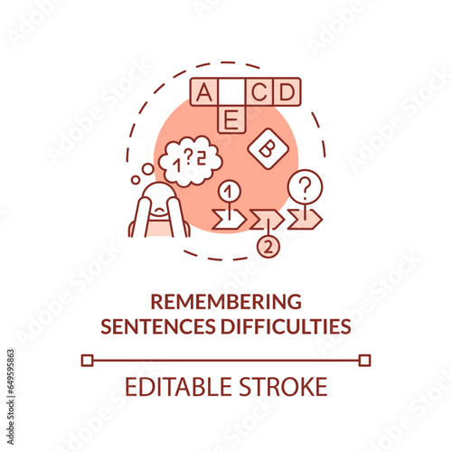 2D editable red icon remembering sentence difficulties concept, simple isolated vector, dyslexia thin line illustration.