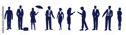 Silhouettes of business people - men and women with briefcase, smartphones, umbrella, walking, standing, front view, profile. Vector set of drawings isolated on a white background.