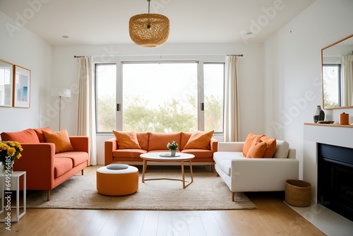 Scandinavian Modern Living Room Orange Glass and White Ceramic Vase with Field Flower Bouquet Against Blue Wall  Offering Copy Space