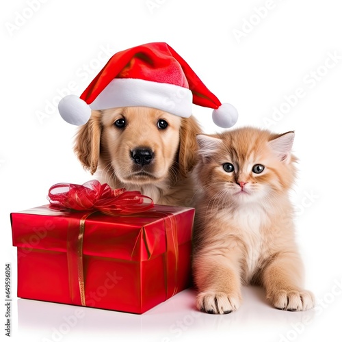 Cute pets with Christmas hats and red Xmas gift. Gnerative AI © Gelpi