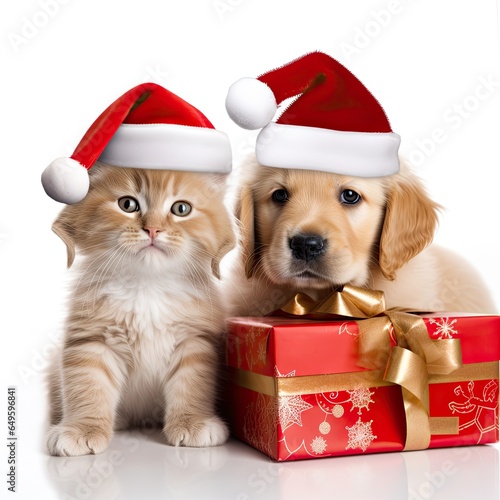 Cute pets with Christmas hats and red Xmas gift. Gnerative AI © Gelpi