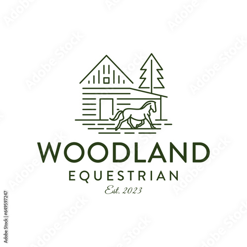 Rural Farm Barn Cabin Stable with Horse and Pine Tree. Serene Countryside Landscape