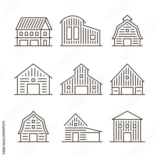 Diverse Collection of 9 Farm Barn Types Icon Design Rural Agriculture and Livestock Building Variety