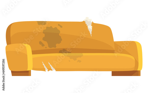 Broken sofa icon. Torn old couche for living room isolated on white background. Damaged indoor old furniture messy seat of sofa. Vector interior object in cartoon style