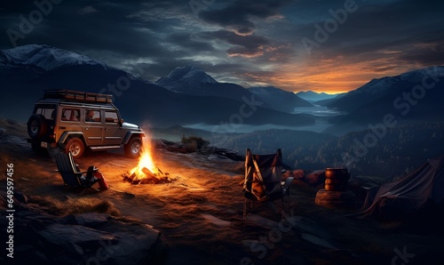 campfire in the wild with a car, ai generative