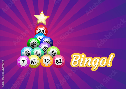 Christmas tree made with bingo numbers on purple and pink background. Vector illustration