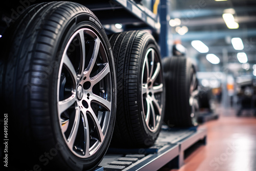 New car wheel and tires on tire storage rack for sale at tyre store. Balck rubber car tire with modern tread at auto repair service center. Changing tire shop. Automotive service. © Artinun