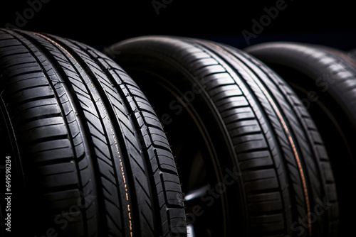 Closeup new car tires for sale at tyre store. Balck rubber car tire with modern tread at auto repair shop. Winter tires at auto repair service center. Changing tire shop. Auto service.