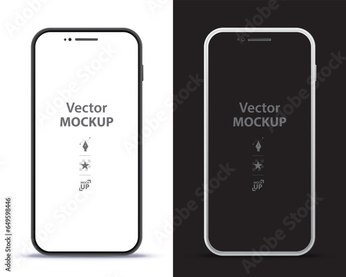 Mobile Phone Black and Silver Colored Design Concept. Vector smartphone mockup with frameless white and black screen. 