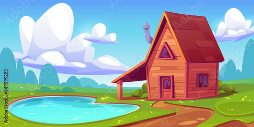 Wooden cabin on shore of lake - path lead to small rural wood house or hut for summer vacation in meadow with green grass. Cartoon landscape with chalet or cottage near water pond and trees on horizon