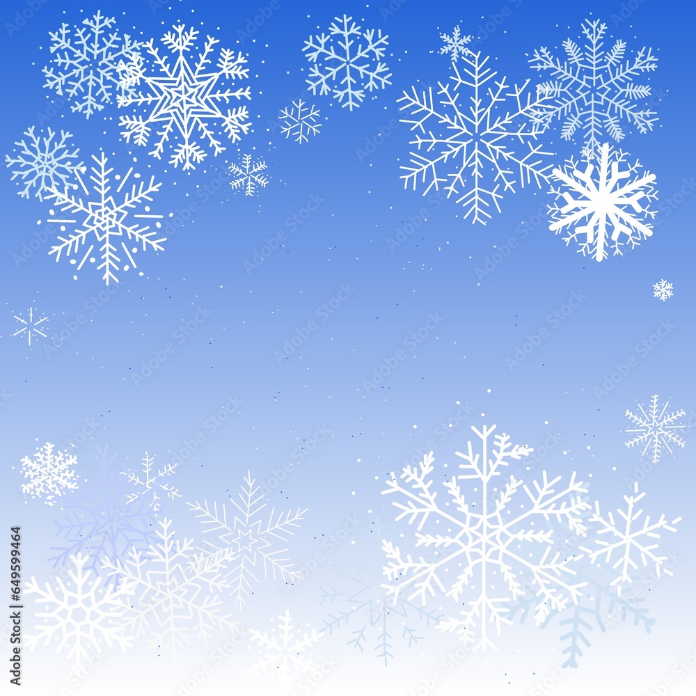 White snowflakes on a blue gradient background.  Winter theme background.  Negative space