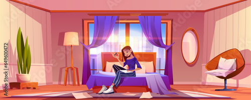 Happy woman in morning home bedroom writing vector. Girl character wake up and study indoor house. Bed room interior with mirror, armchair, plant and pillow. Cozy accommodation graphic background
