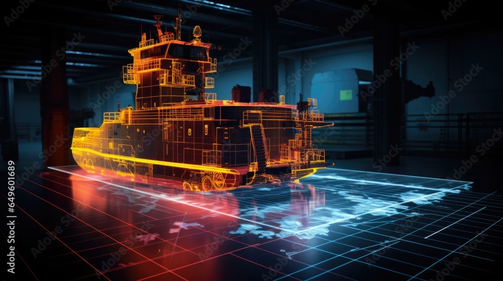 3d hologram model of a tug boat is in dark industrial interior, glowing wire-frame yellow neon lines - obrazy, fototapety, plakaty 
