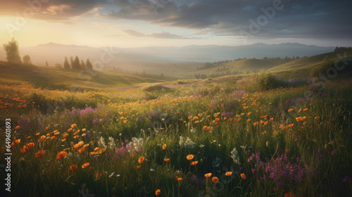Rolling hills and meadows with colorful flowers in summer