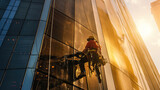 Professional climber rope access workers cleaning glass in tall building. Generative Ai
