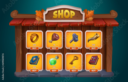 Fantasy game shop ui interface with buy button cartoon design. Fall wood store menu frame for mobile app screen for user. 2d autumn board with leaves with poison, ring, meat and key web concept.