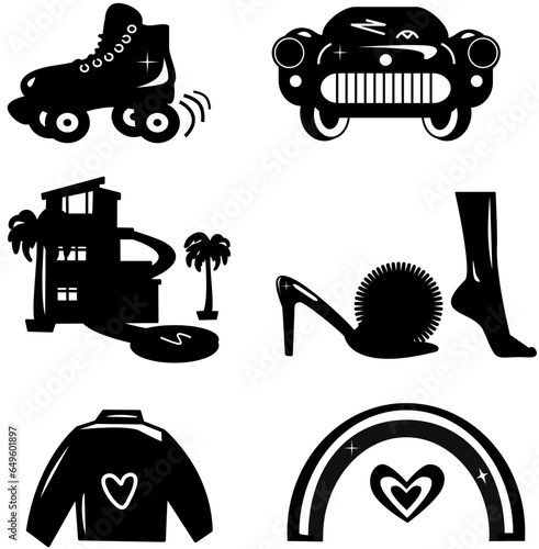 Set of vector icons of black silhouettes in the style of the doll from the film for porter cutting
