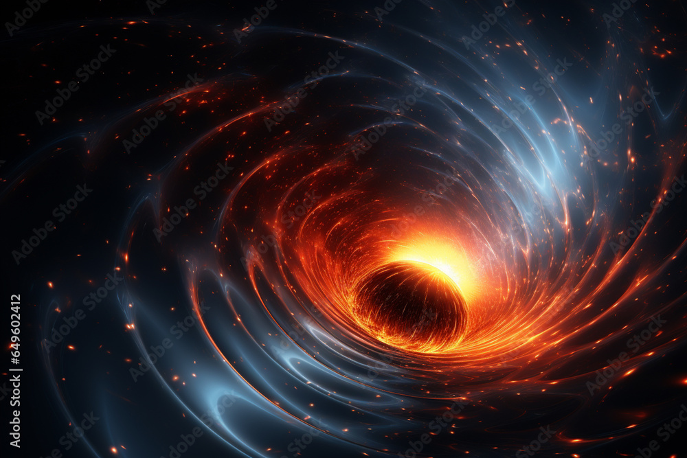 Black hole with a glowing constellation of various colors revolves around a black hole in the universe.