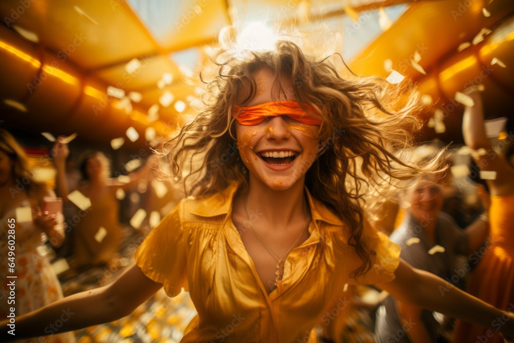 People in the nightclub, the girl wears a yellow shirt and orange blindfold, yellow confetti flies around her in the background.