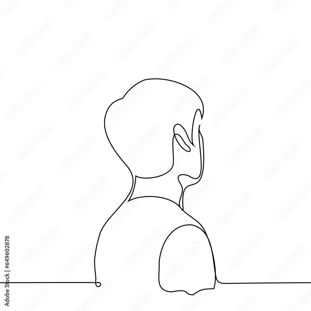 Three-quarter portrait of a man from the back of the head - one line art vector. concept portrait of a male stranger from behind Three-quarter portrait of a man from the back of the head - one line art vector. concept portrait of a male stranger from behind