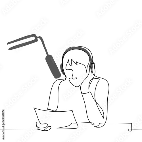 man with over-ear headphones and professional microphone reads sheet of paper while sitting at table - one line art vector. concept to record podcast, live radio presenter, dubbing or voice-over