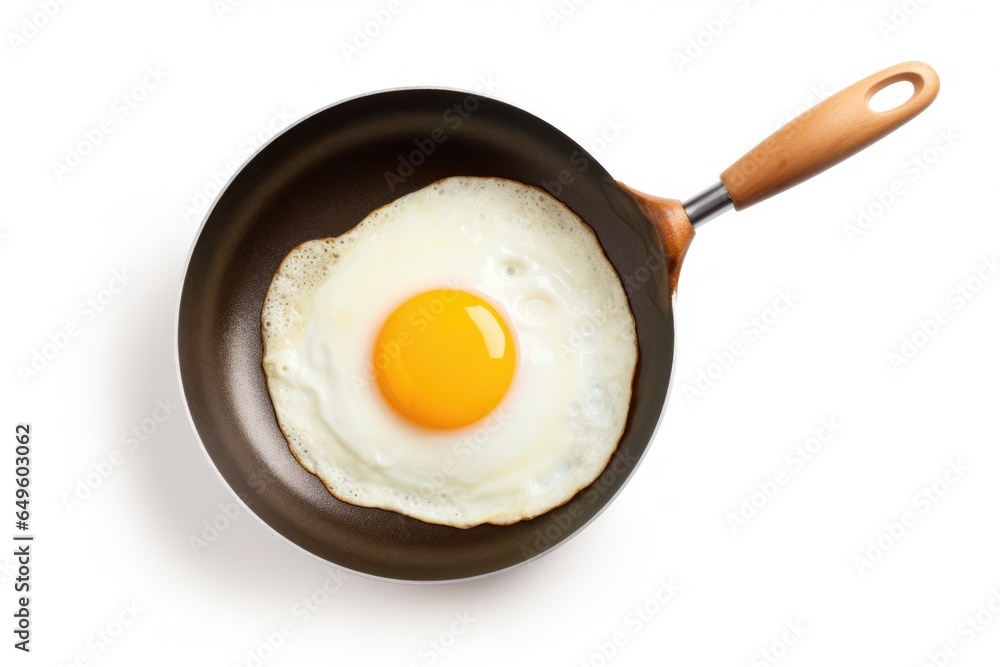 One fried egg in hot pan isolated on white background, top view One fried egg in hot pan isolated on white background, top view