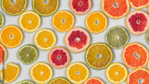 Citrus fruit slices isolated on white background. Top View
