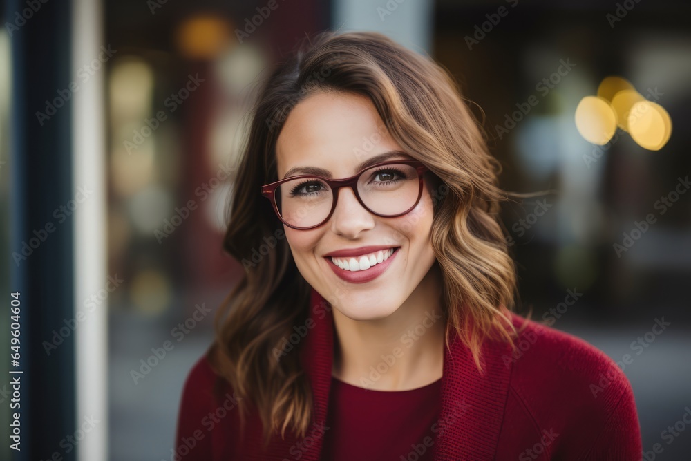 Portrait of happy young woman with eyeglasses in the city - obrazy, fototapety, plakaty 